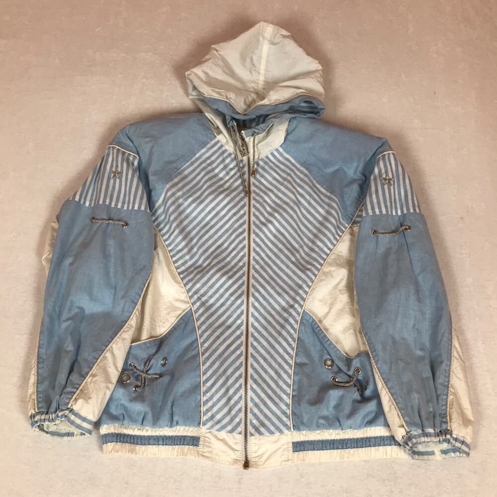 Vintage 90s Y2K Sport Style Color Block Striped Blue Full Zip Hood Windbreaker